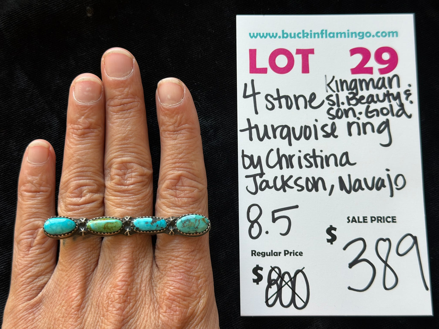 LOT 29 8/30 4 Stone Kingman, Sleeping Beauty & Sonoran Gold Turquoise RIng by Christina Jackson, Navajo 8.5