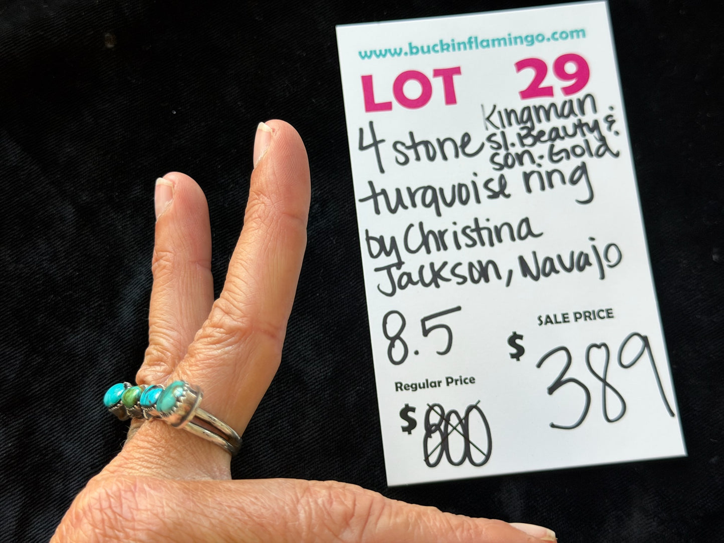 LOT 29 8/30 4 Stone Kingman, Sleeping Beauty & Sonoran Gold Turquoise RIng by Christina Jackson, Navajo 8.5