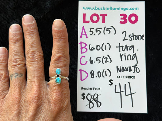 LOT 30 C 8/30 6.5 2 Stone Turquoise Ring Navajo