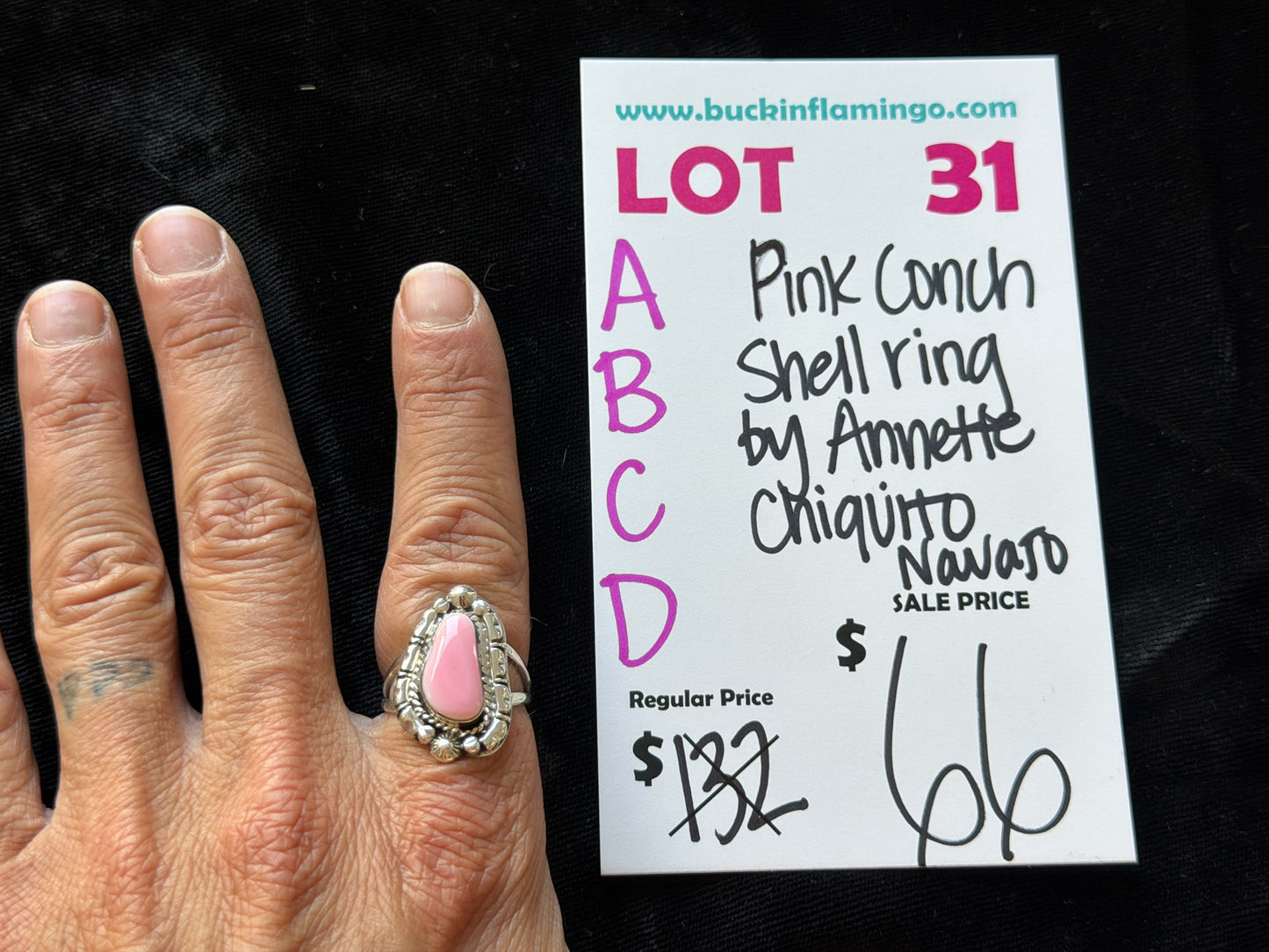 LOT 31 A 8/30 Pink Conch Shell Ring by Annette Chiquita, Navajo