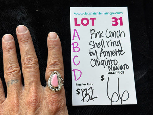 LOT 31 B 8/30 Pink Conch Shell Ring by Annette Chiquita, Navajo