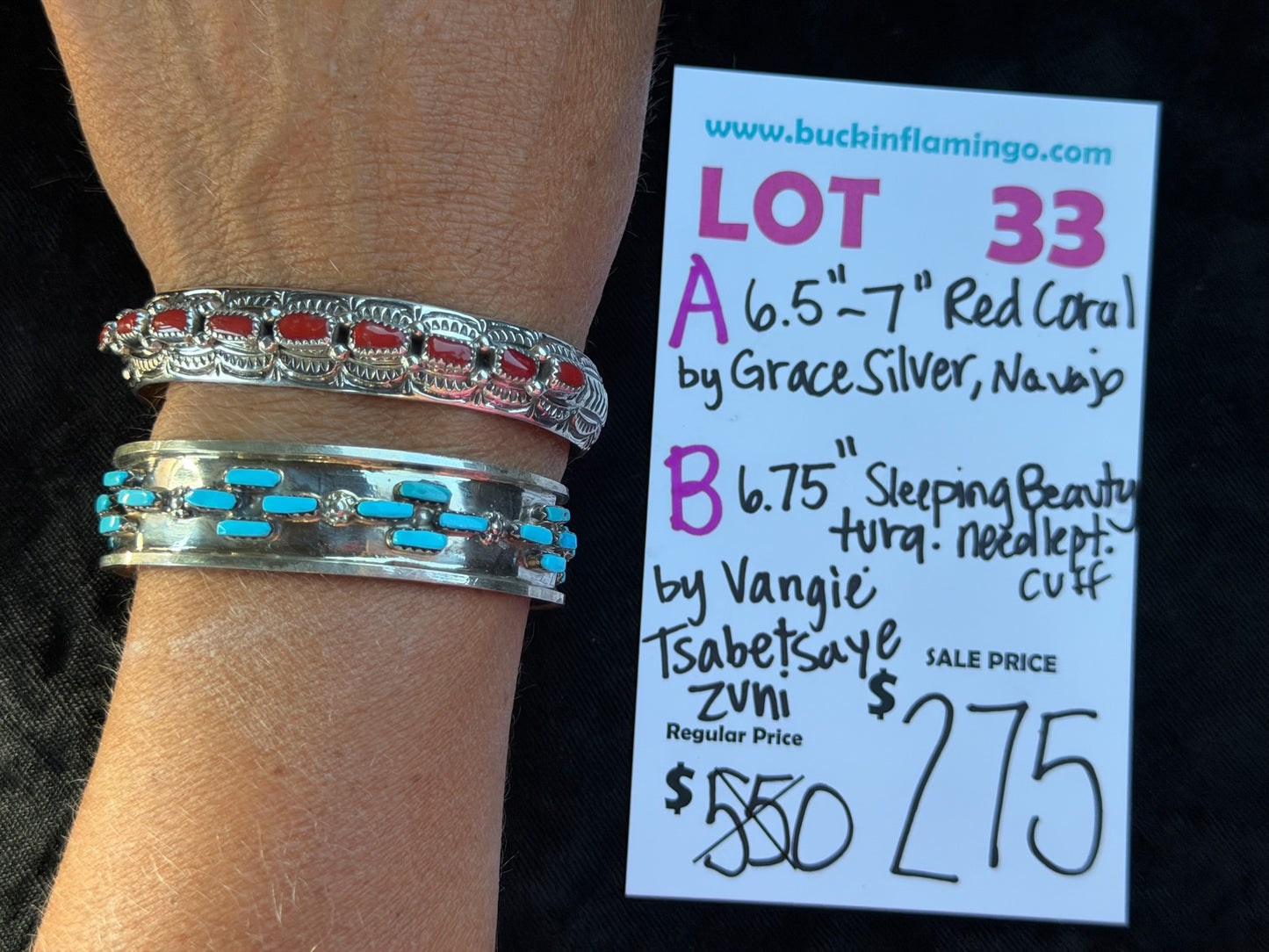 LOT 33 B 8/30 6.75” Sleeping Beauty Turquoise Needlepoint Cuff by Vangie Tsabetsaye, Zuni