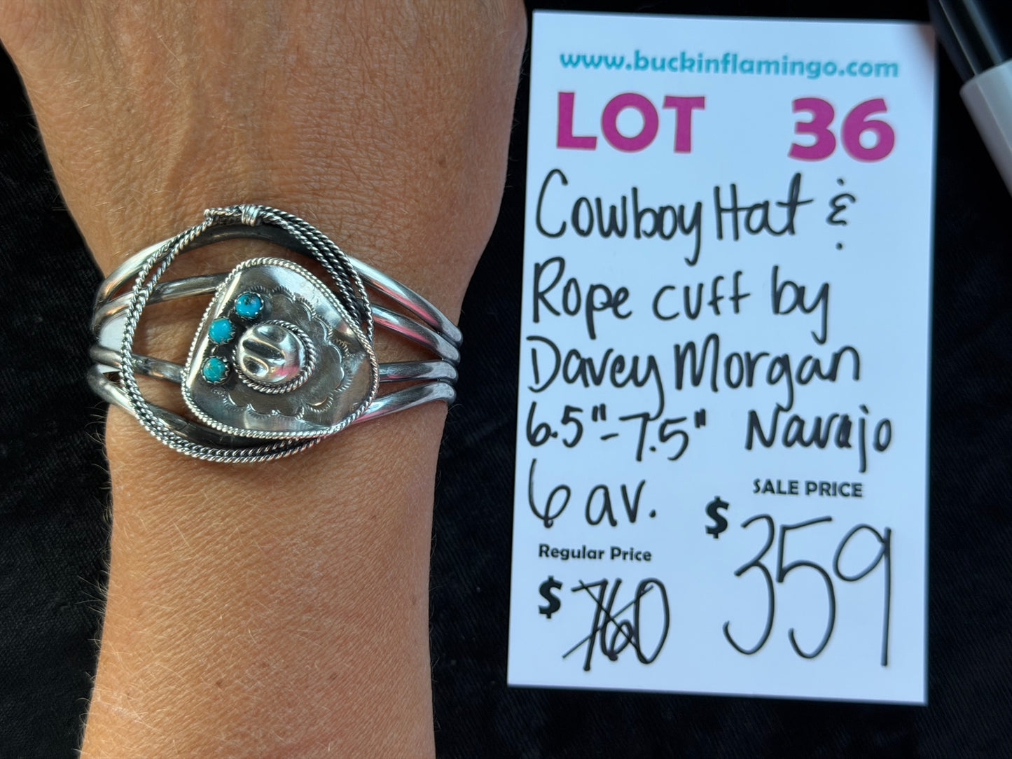 LOT 36 8/30 Cowboy Hat & Rope Cuff by Davey Morgan, Navajo 6.5”-7.5”