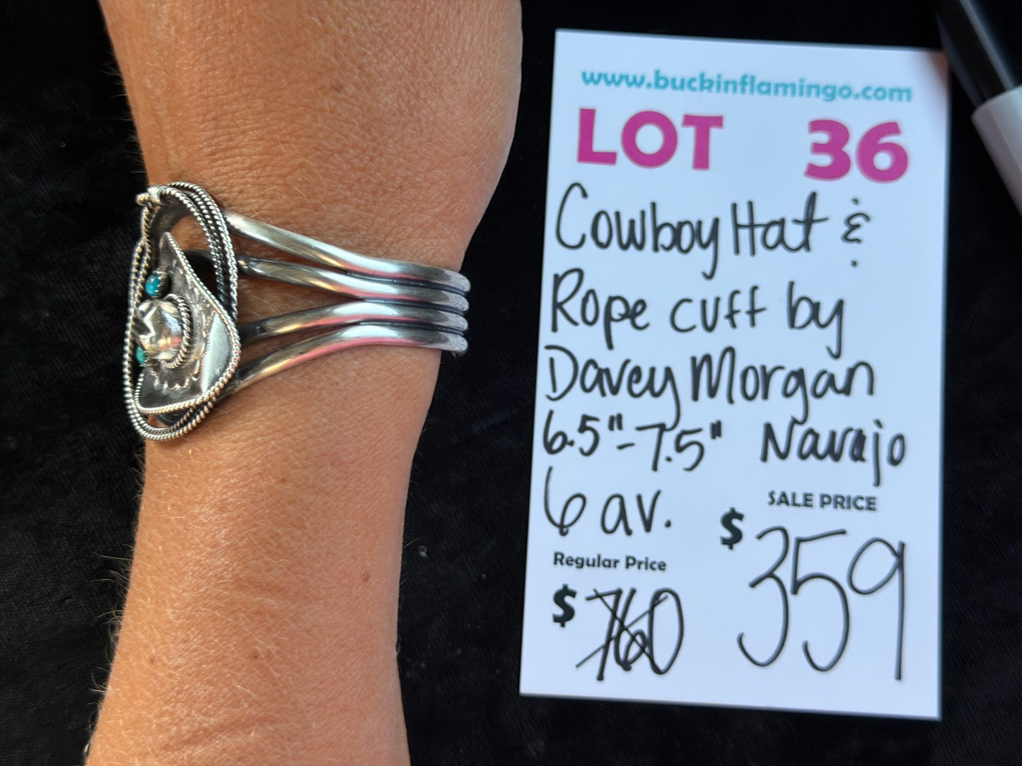 LOT 36 8/30 Cowboy Hat & Rope Cuff by Davey Morgan, Navajo 6.5”-7.5”