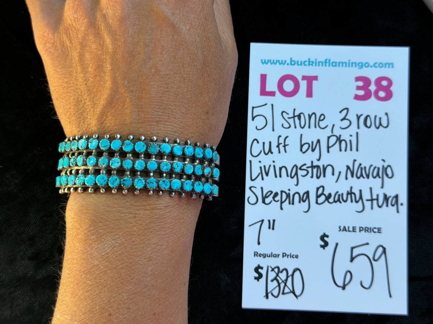 LOT 38 8/30 51 Stone, 3 Row Cuff by Phil Livingston, Navajo Sleeping Beauty Turquoise 7”