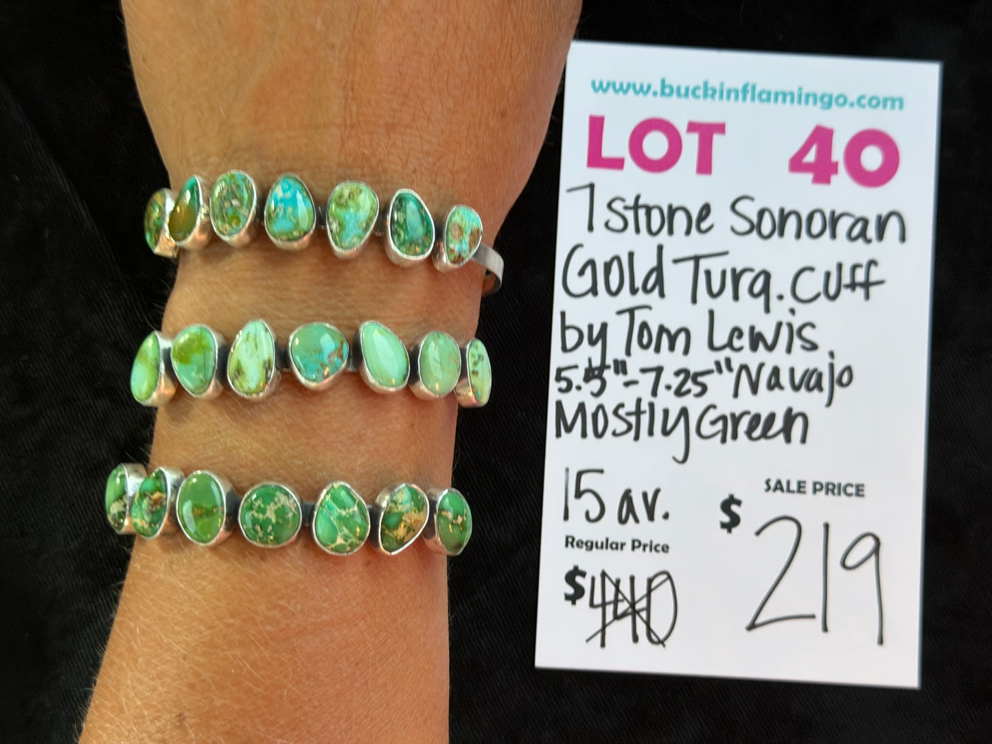 LOT 40 8/30 7 Stone Sonoran Gold Turquoise Cuff by Tom Lewis, Navajo 5.5”-7.25” Mostly Green