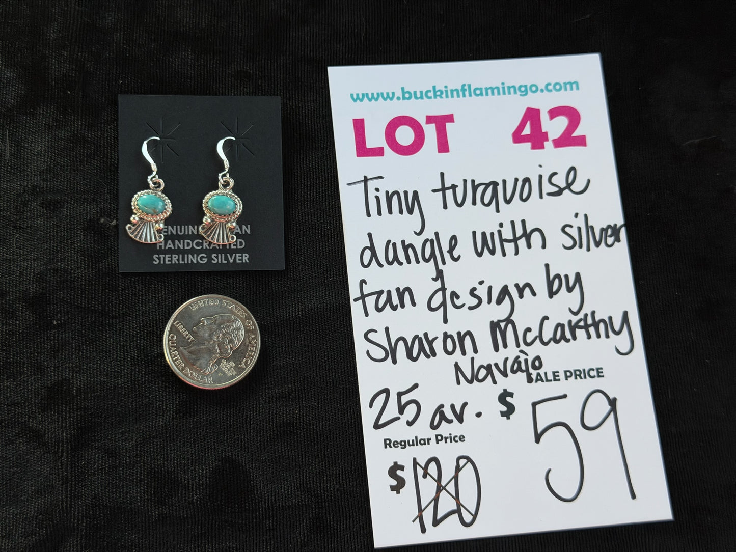 LOT 42 8/30 Tiny Turquoise Dangle with Silver Fan Design by Sharon McCarthy, Navajo