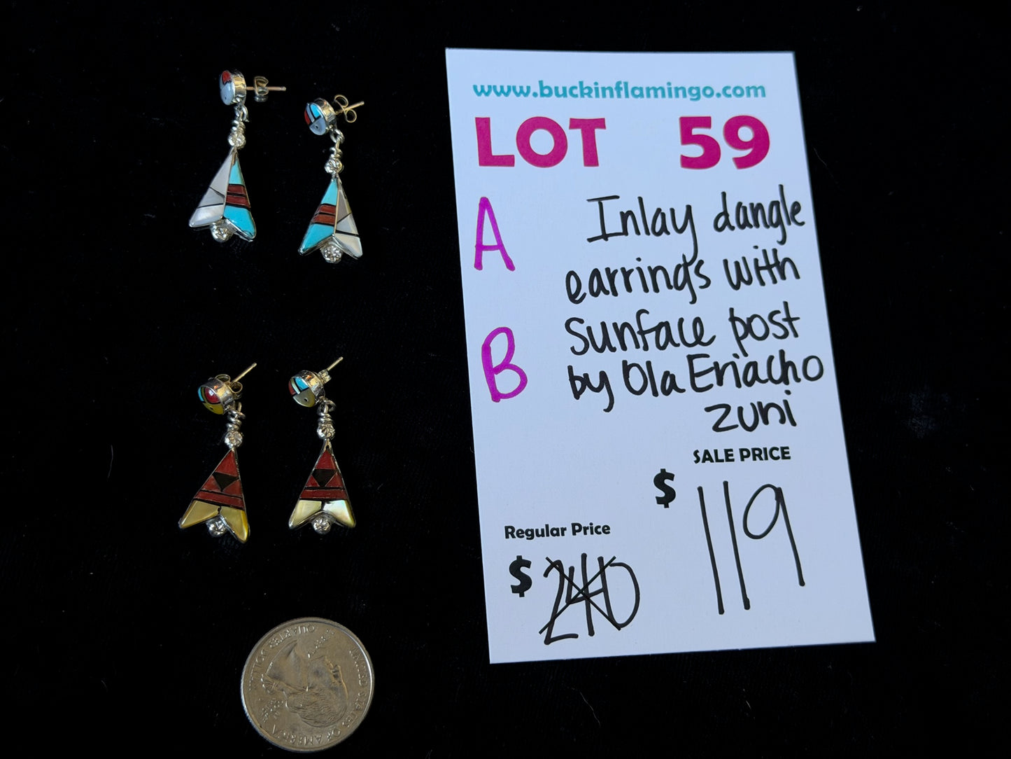 LOT 59 A 8/30 Inlay Dangle Earrings with Sunface Post by Ole Eriacho, Zuni