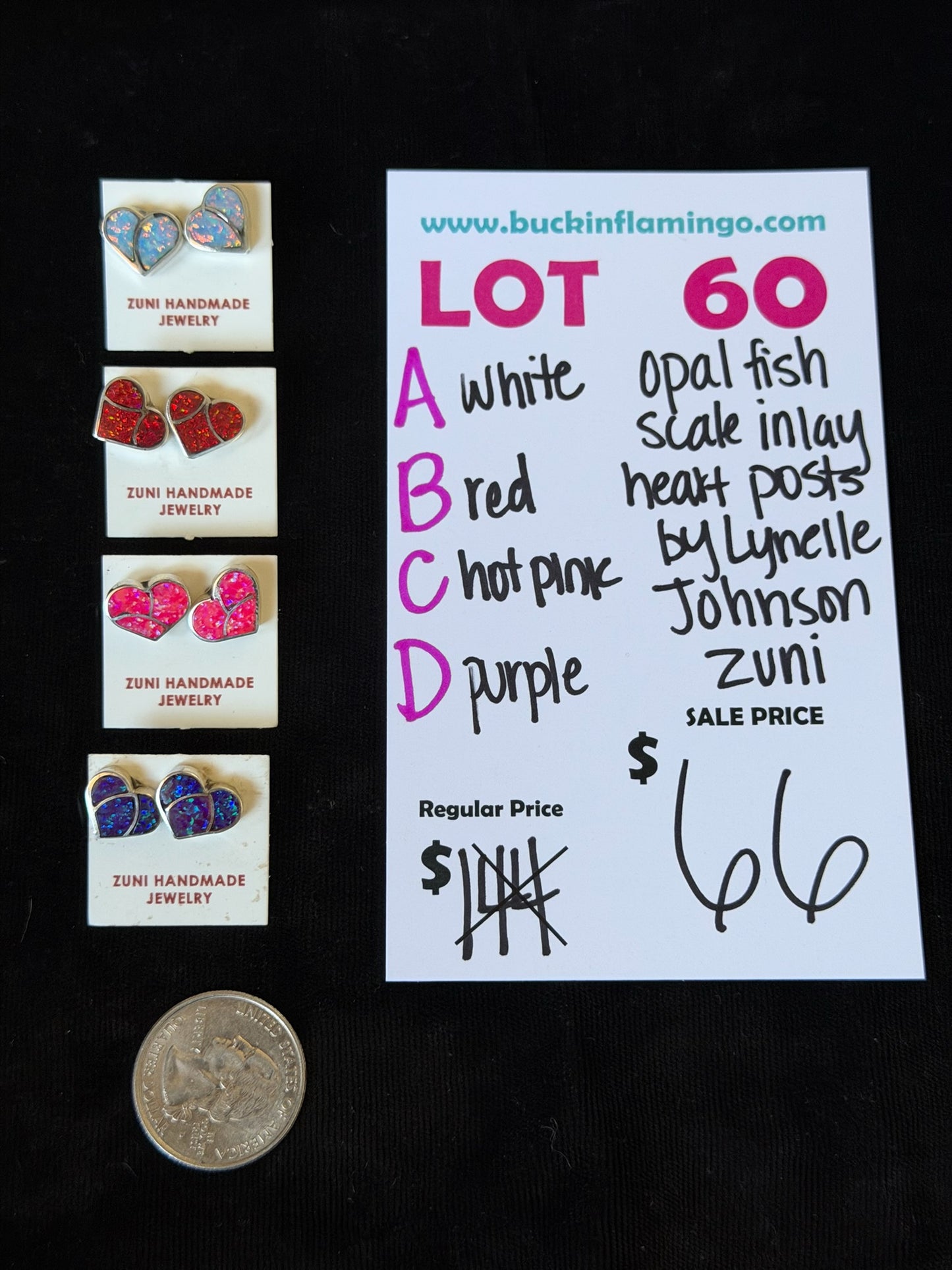 LOT 60 C 8/30 Hot Pink Opal Fish Scale Inlay Heart Posts By Lynelle Johnson, Zuni