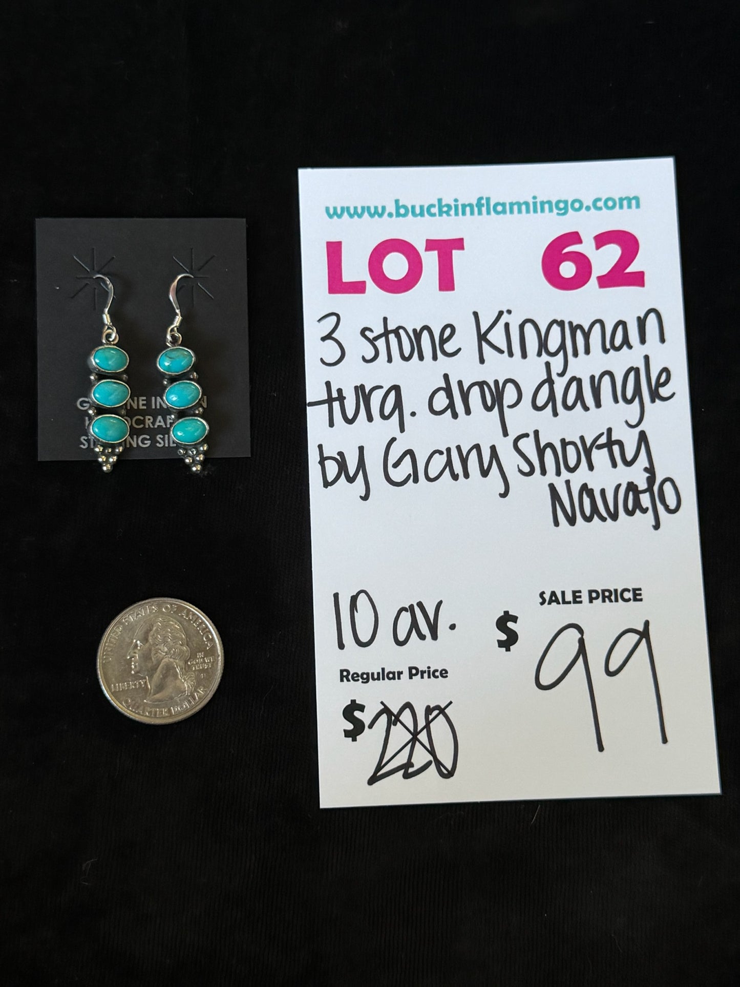 LOT 62 8/30 3 Stone Kingman Turquoise Drop Dangle by Gary Shorty, Navajo