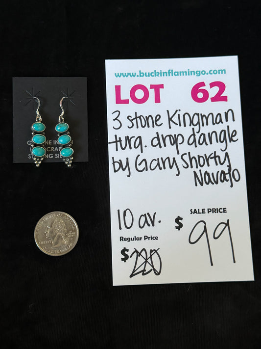 LOT 62 8/30 3 Stone Kingman Turquoise Drop Dangle by Gary Shorty, Navajo