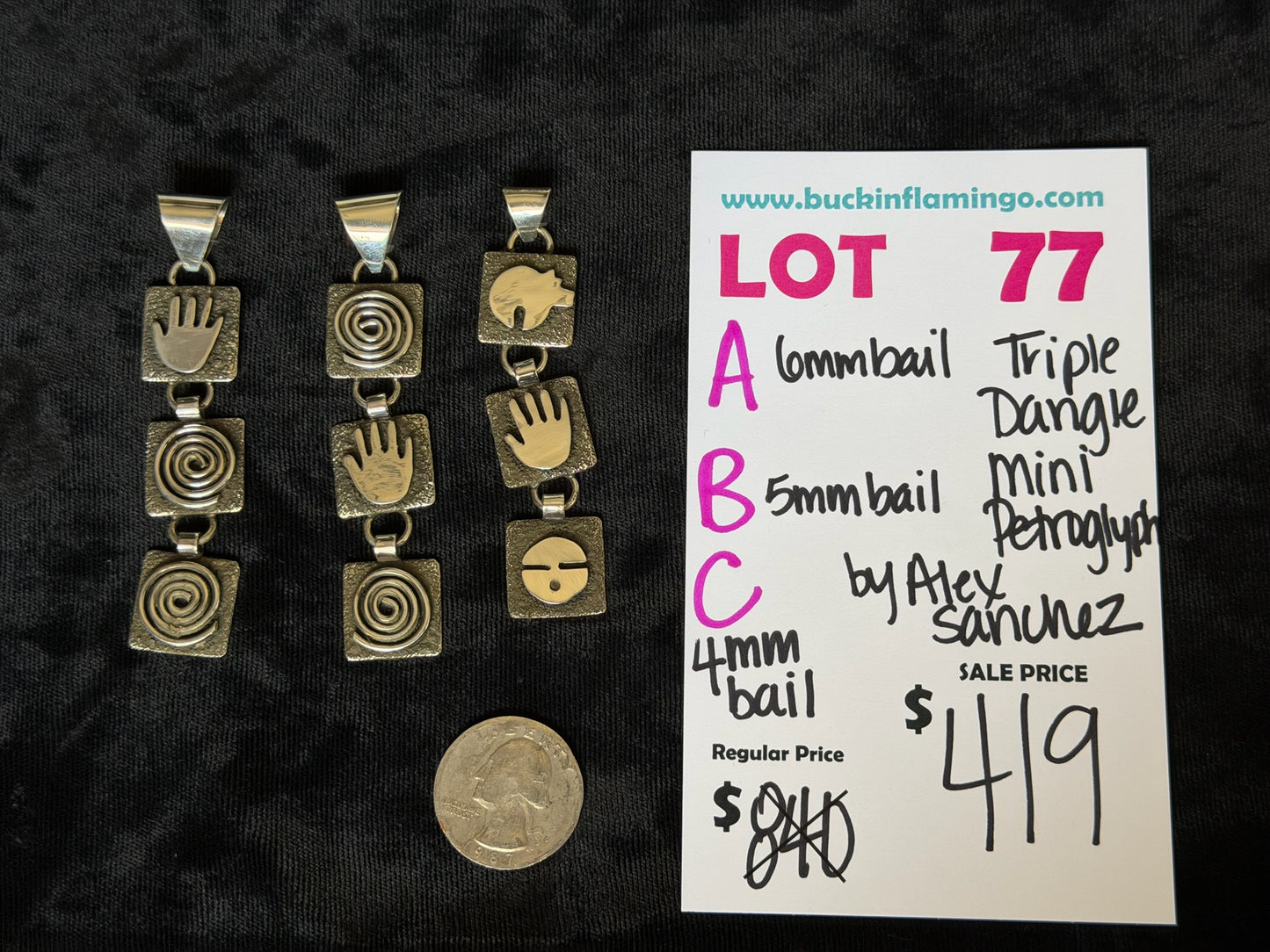 LOT 77 A 8/30 6mm Bail Triple Dangle Mini Petroglyph by Alex Sanchez, Navajo