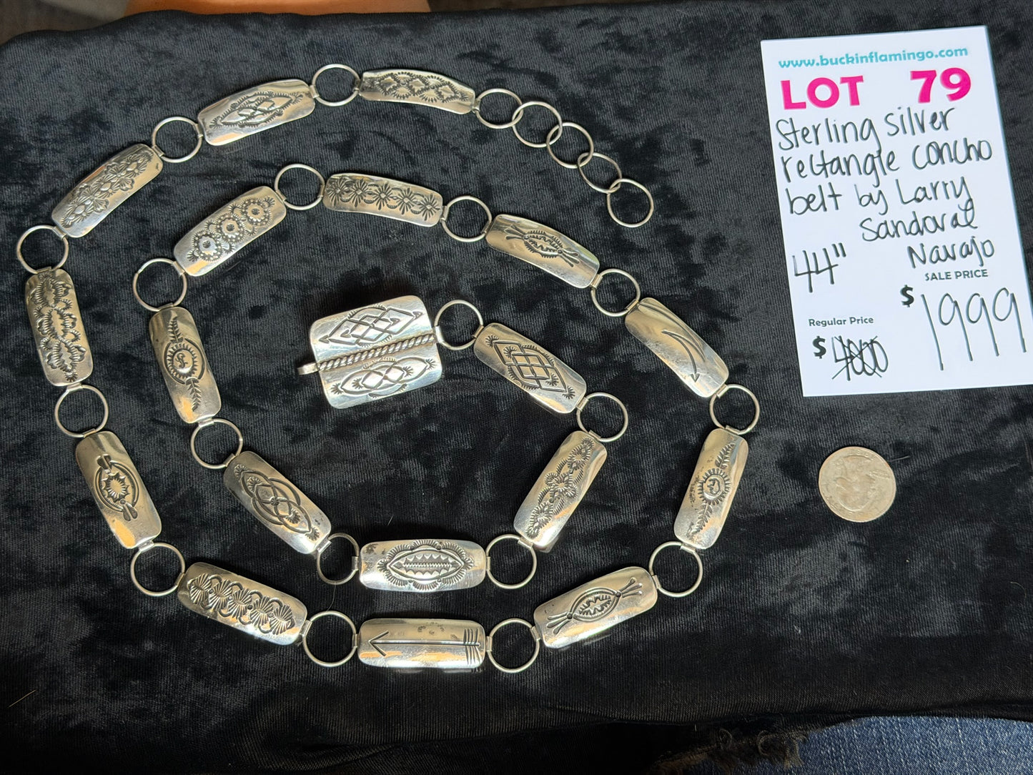 LOT 79 8/30 Sterling Silver Rectangle Concho Belt by Larry Sandoval, Navajo 44”