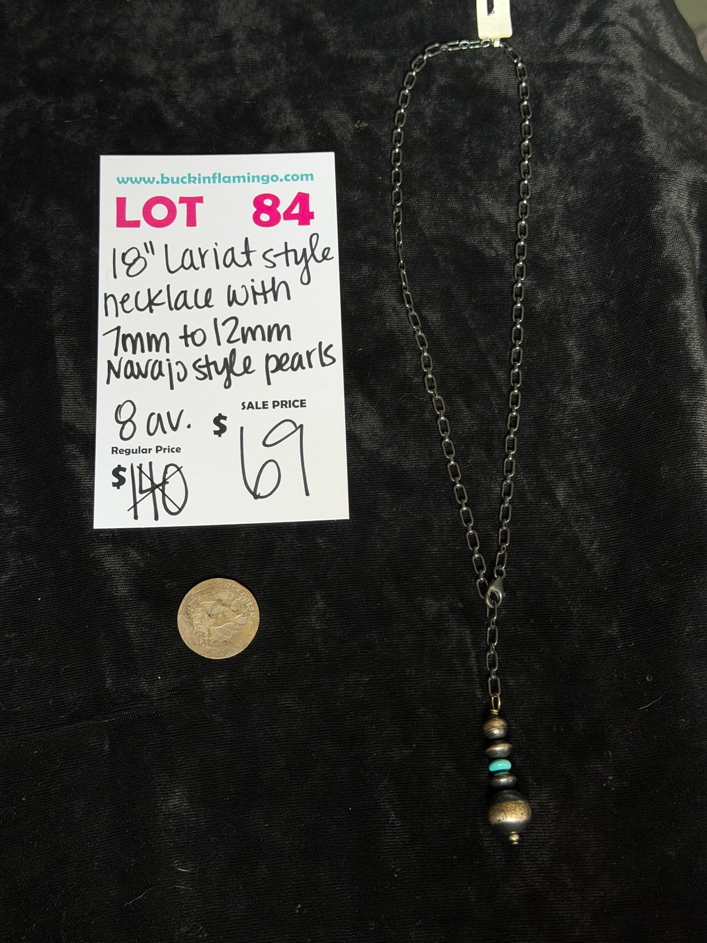LOT 84 8/30 18” Lariat Style Necklacce with 7mm to 12mmm Navajo Style Pearls