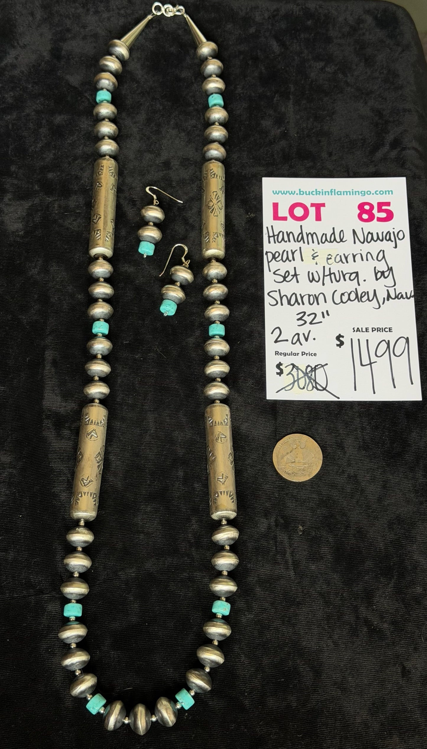 LOT 85 8/30 Handmade Navajo Pearl & Earring Set w/Turquoise by Sharon Cooley, Navajo 32”