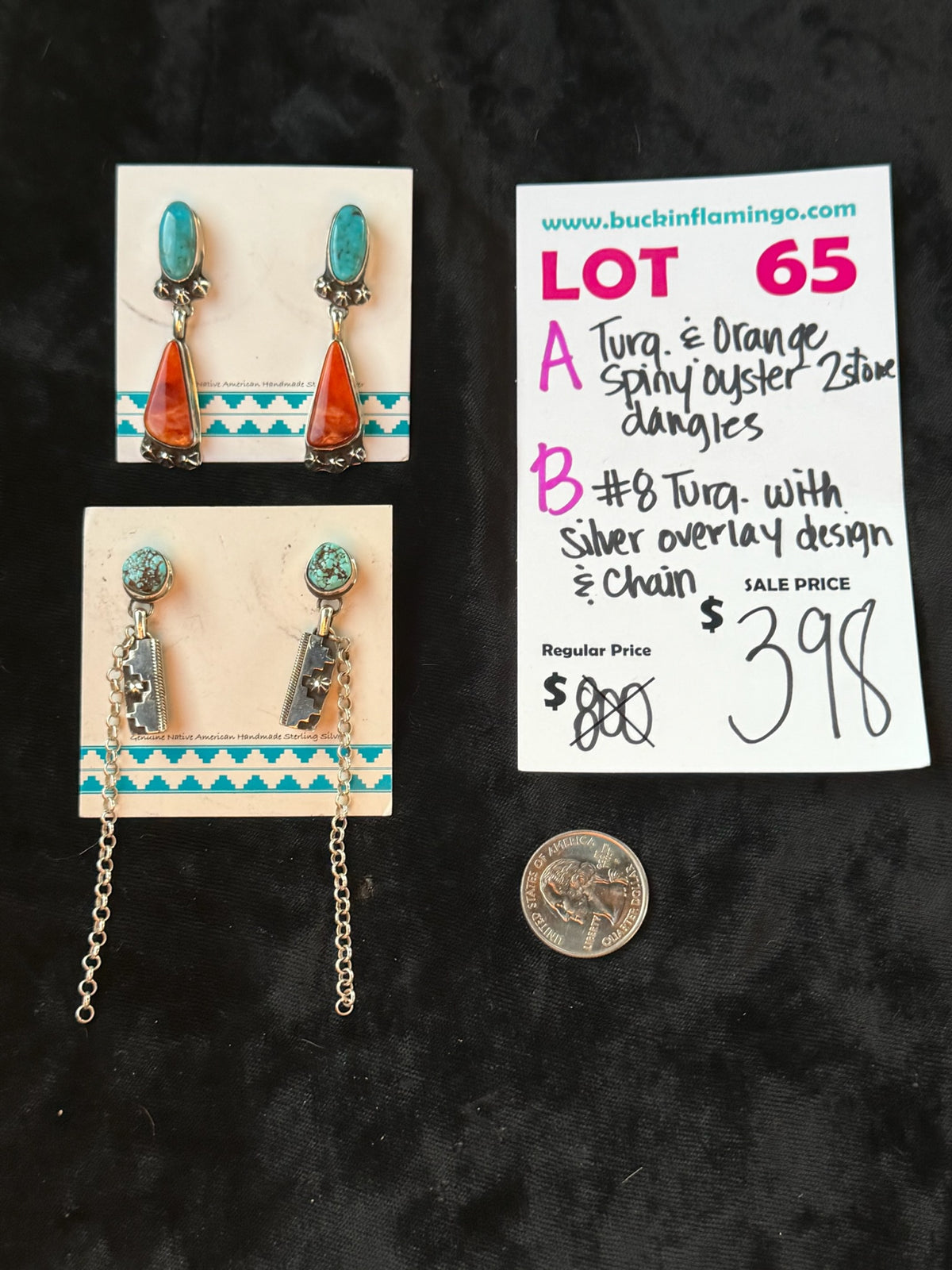LOT 65 A 9/6 Turquoise & Orange Spiny Oyster 2 Stone Dangles