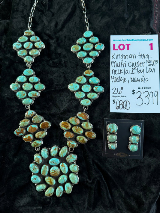 LOT 1 9/13 Kingman Turquoise Multi Cluster Earring and 26” Necklace Set by Levi Hoskie, Navajo