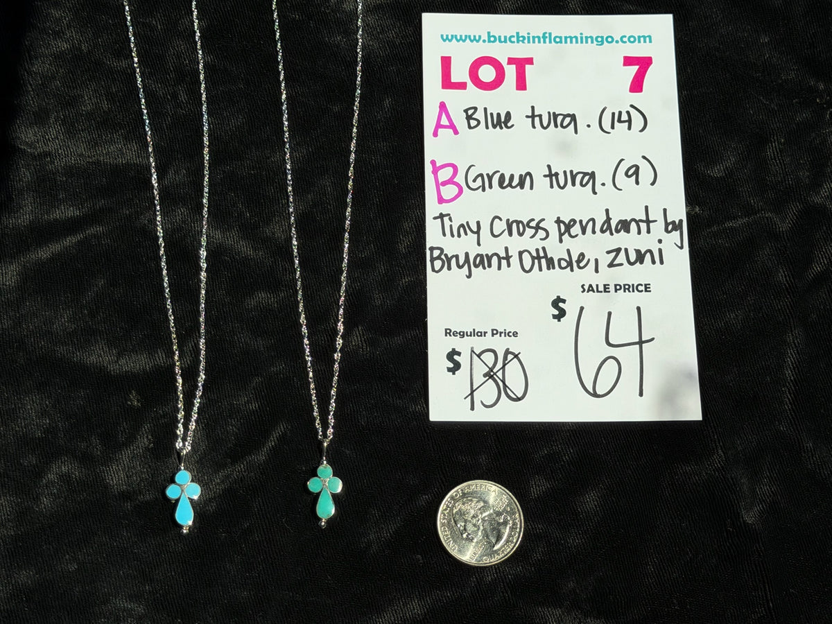 LOT 7 A 9/13 Blue Turquoise Tinny Cross Pendant by Bryant Othole, Zuni