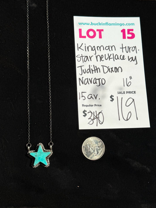LOT 15 9/13 Kingman Turquoise Star 16” Necklace by Judith Dixon, Navajo