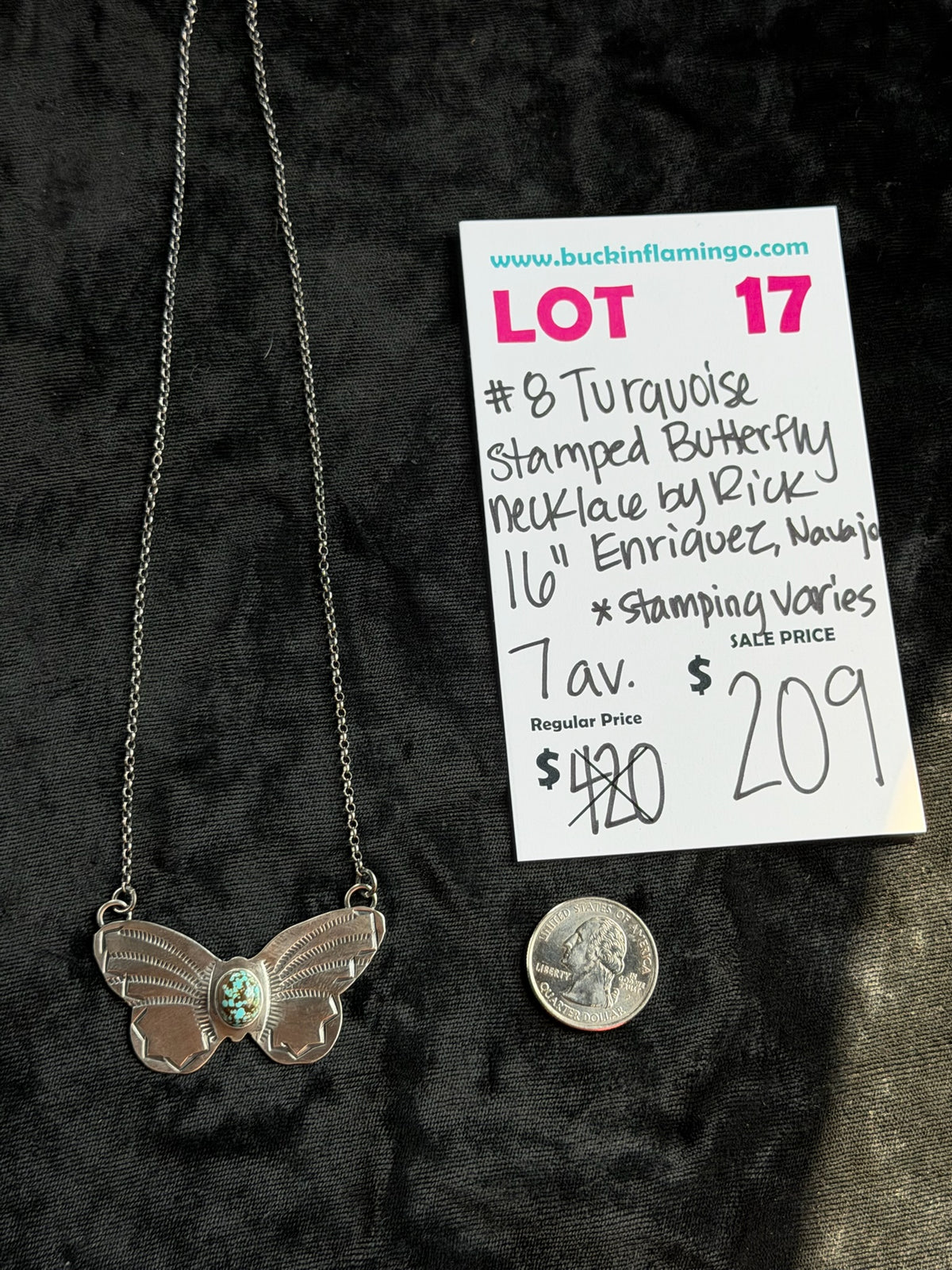 LOT 17 9/13 #8 Turquoise Stamped Butterfly 16” Necklace by Rick Enriquez, Navajo