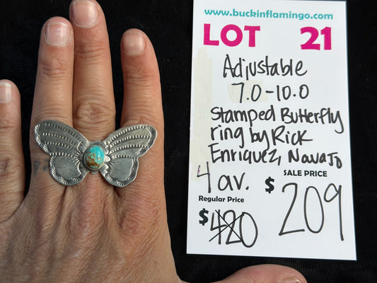 LOT 21 9/13 Adjustable 7.0-10.0 Stamped Butterfly Ring by Rick Enriquez, Navajo