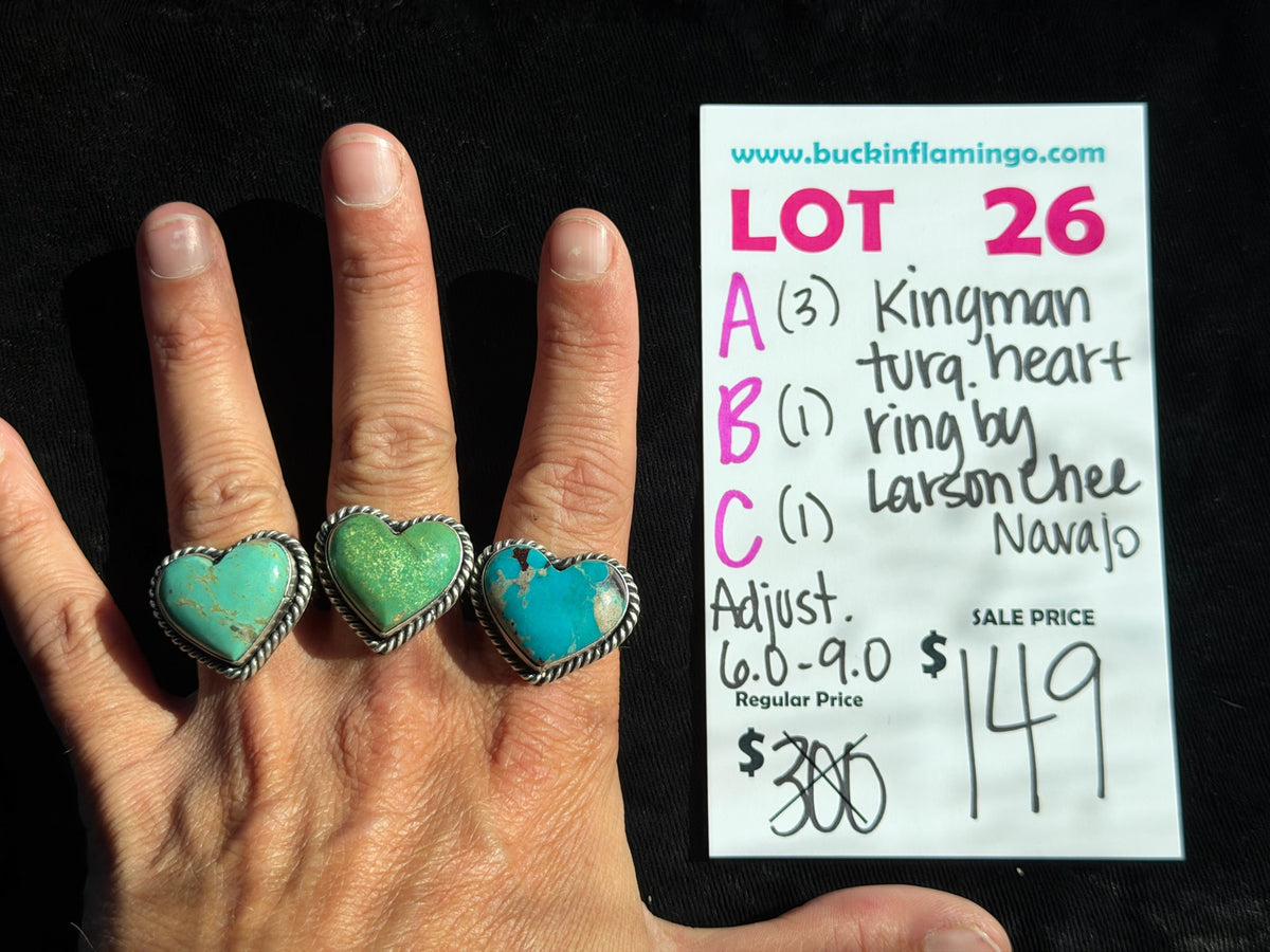 LOT 26 C 9/13 Kingman Turquoise Heart Ring by Larson Chee, Navajo Adjustable 6.0-9.0