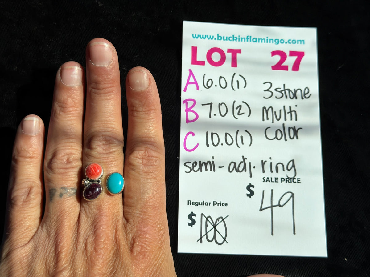 LOT 27 B 9/13 7.0 3 Stone Muti Color Semi-Adjustable Ring