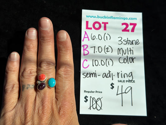 LOT 27 B 9/13 7.0 3 Stone Muti Color Semi-Adjustable Ring