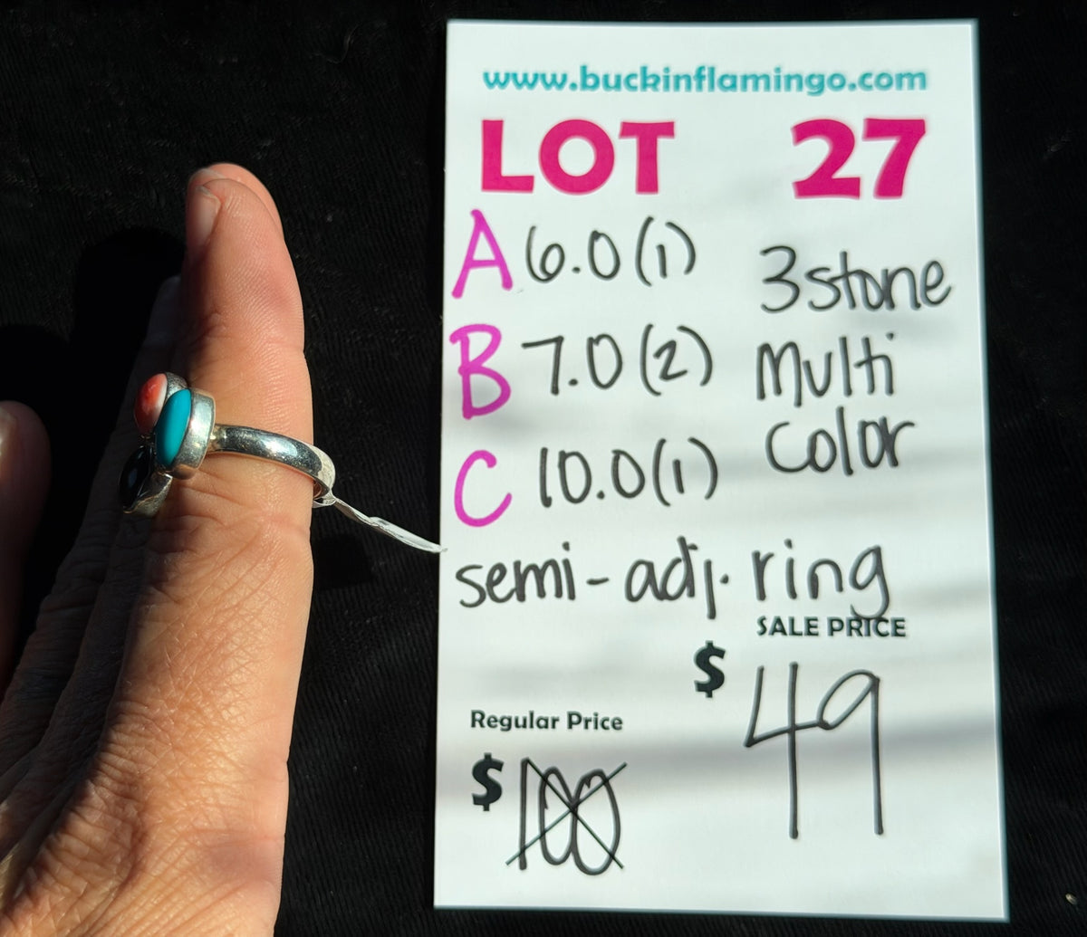 LOT 27 B 9/13 7.0 3 Stone Muti Color Semi-Adjustable Ring