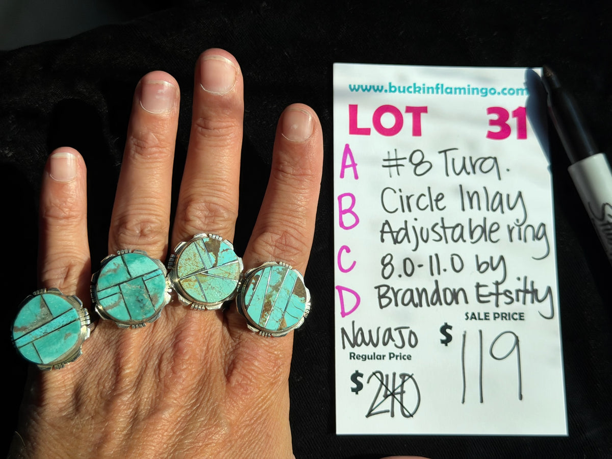 LOT 31 B 9/13 #8 Turquoise Circle Inlay Adjustable RIng 8.0-11.0 by Brandon Etsitty, Navajo