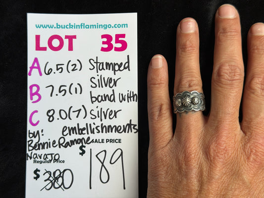 LOT 35 C 9/13 8.0 Stamped Silver Band with Silver Embellishments by Bennie Ramone, Navajo (Copy)
