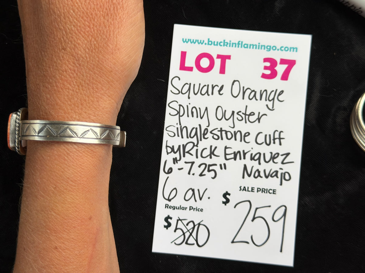 LOT 37 9/13 Square Orange Spiny Oyster Single Stone Cuff by Rick Enriquez, Navajo 6”-7.25”
