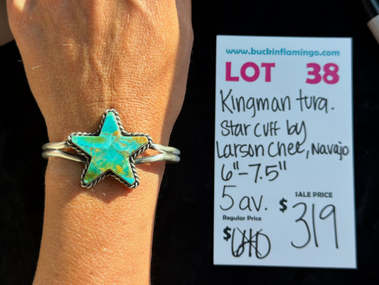 LOT 38 9/13 Kingman Turquoise Star Cuff by Larson Chee, Navajo 6”-7.5”