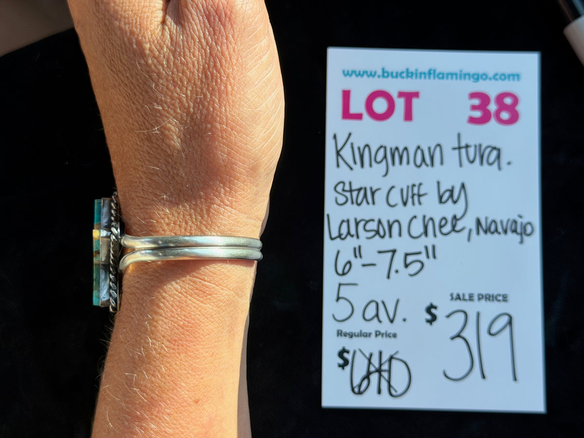 LOT 38 9/13 Kingman Turquoise Star Cuff by Larson Chee, Navajo 6”-7.5”