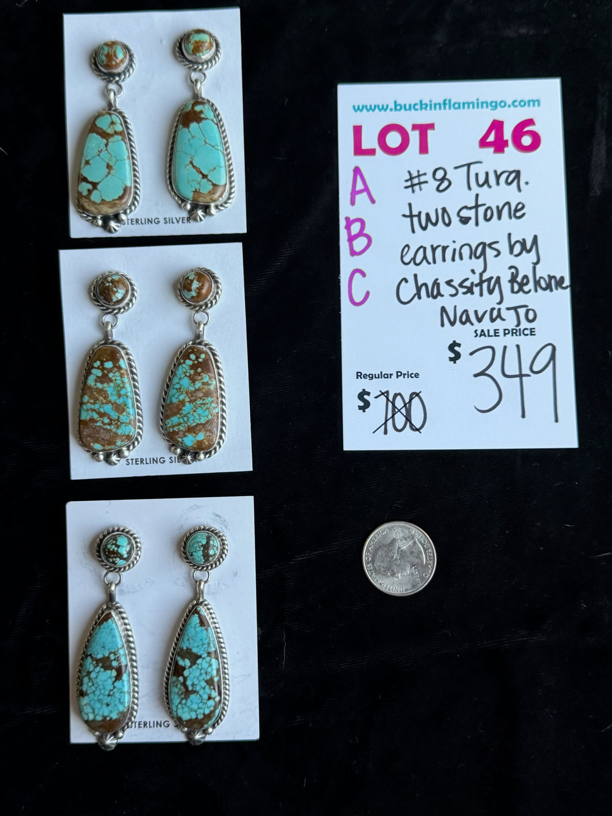 LOT 46 A 9/13 #8 Turqouise Two Stone Earrings by Chassity Belone, Navajo