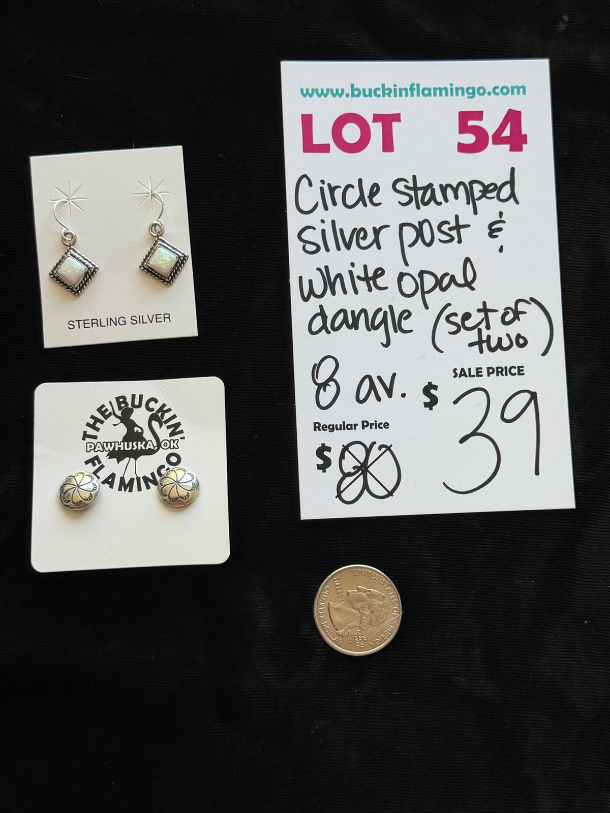 LOT 54 9/13 Circle Stamped Silver Post & White Opal Dangle (Set of Two)