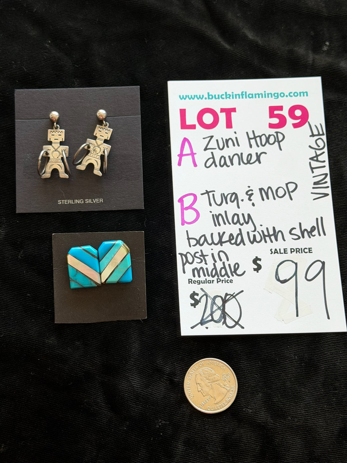 LOT 59 B 9/13 Turquoise & MOP Inlay Backed with Shell Post n Middle