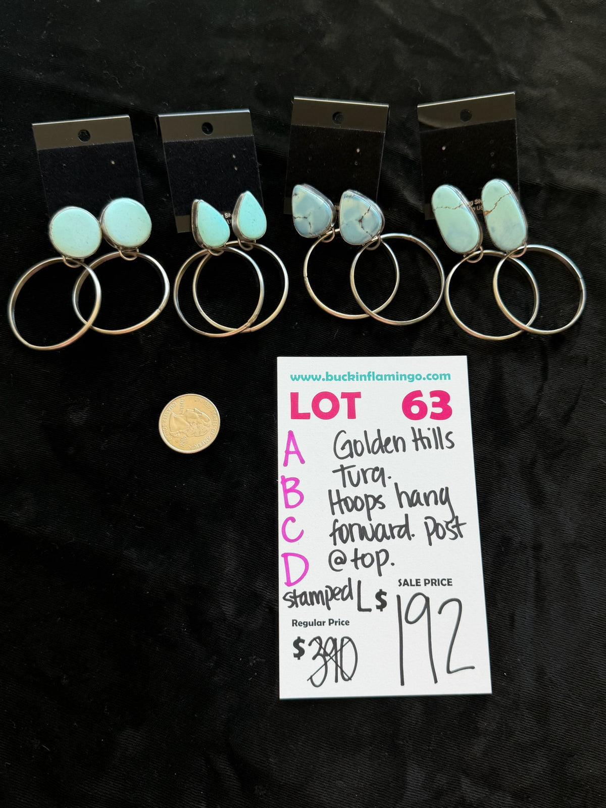 LOT 63 D 9/13 Golden Hills Turquoise Hoops Hang Forward Post @ Top Stamped L