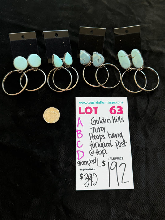 LOT 63 D 9/13 Golden Hills Turquoise Hoops Hang Forward Post @ Top Stamped L