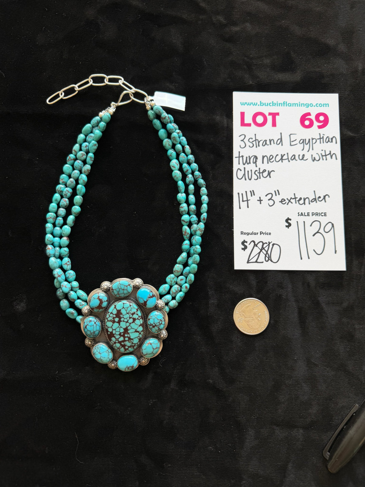 LOT 69 9/13 3 Strand Egyptian Turquoise Necklace with Cluster 14”+3” Extender