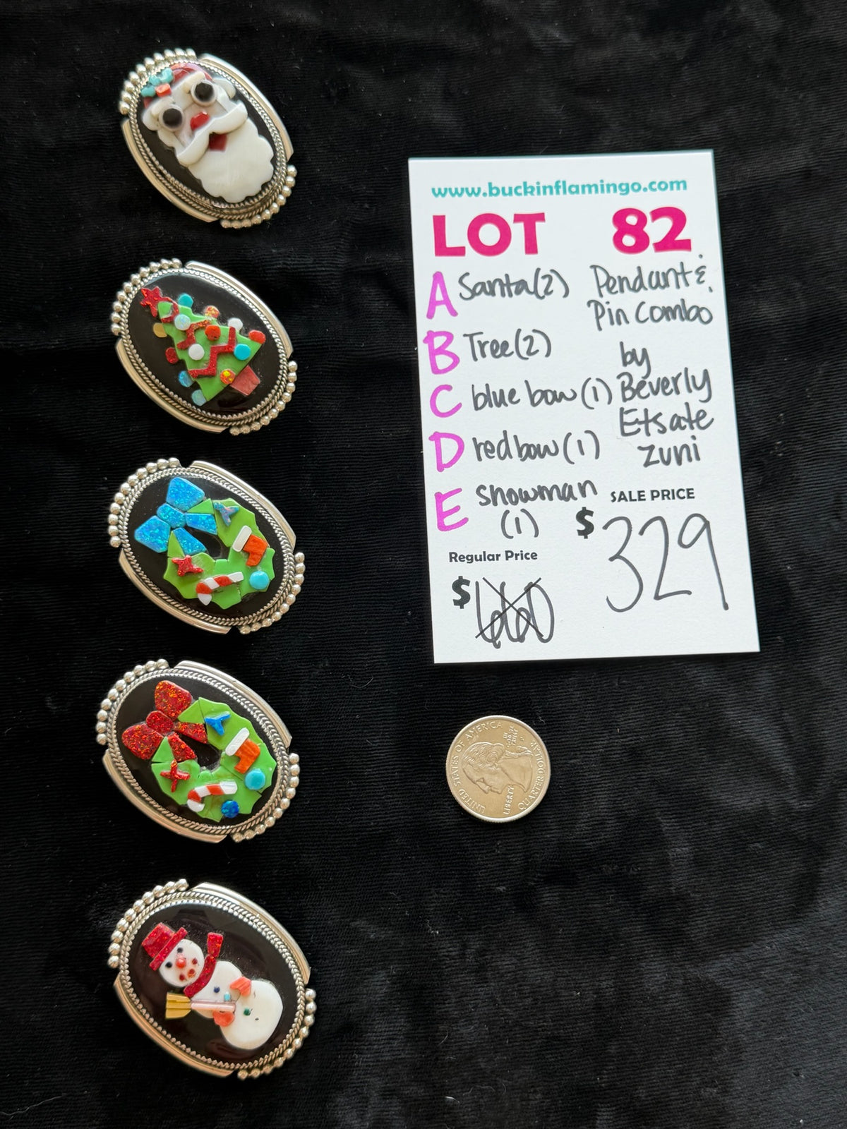 LOT 82 C 9/13 Blue Bow Pendant & Pin Combo by Beverly Estate, Zuni