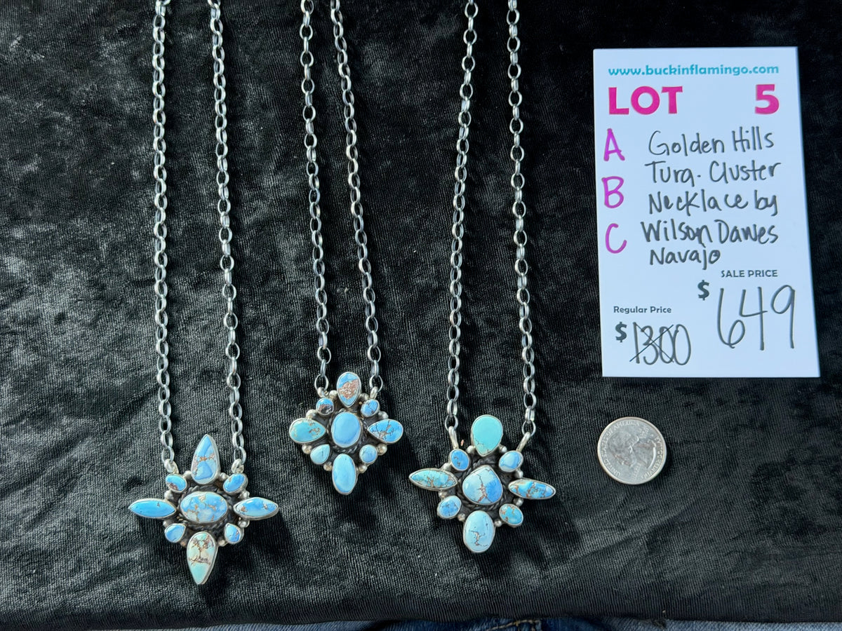 LOT 5 A 9/20 Golden Hills Turquoise Cluster Necklace by Wilson Dawes, Navajo