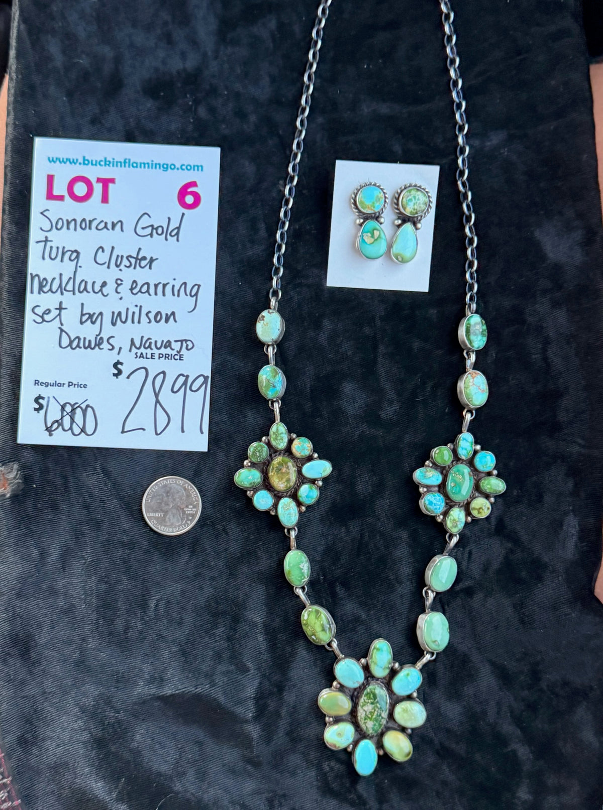 LOT 6 9/20 Sonoran Gold Turquoise Cluster Necklace & Earring Set by Wilson Dawes, Navajo