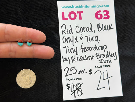 LOT 63 9/20 Red Coral, Black Onyx & Turquoise Tiny Teardrop by Rosaline Bradley, Zuni
