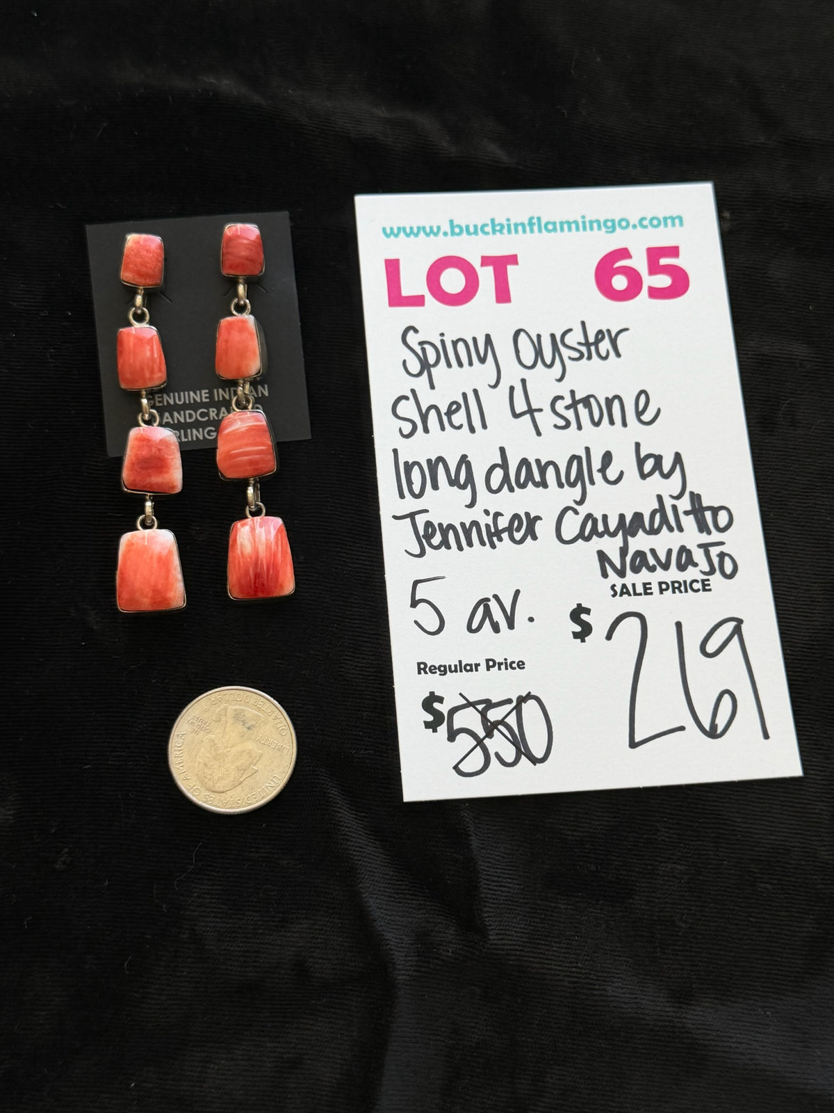 LOT 65 9/20 Spiny Oyster Shell 4 Stone Long Dangle by Jennifer Cayaditto, Navajo