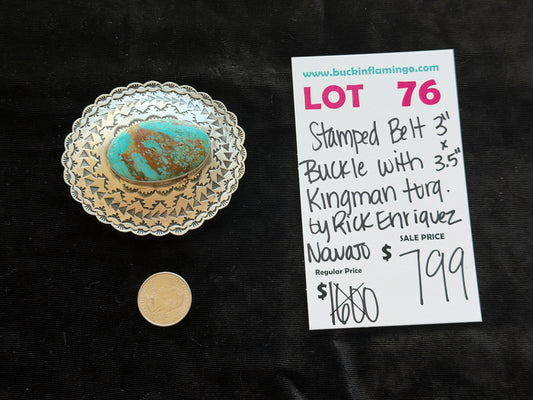 LOT 76 9/20 Stamped Belt 3” x 3.5” with Kingman Turquosie by Rick Enriquez, Navajo