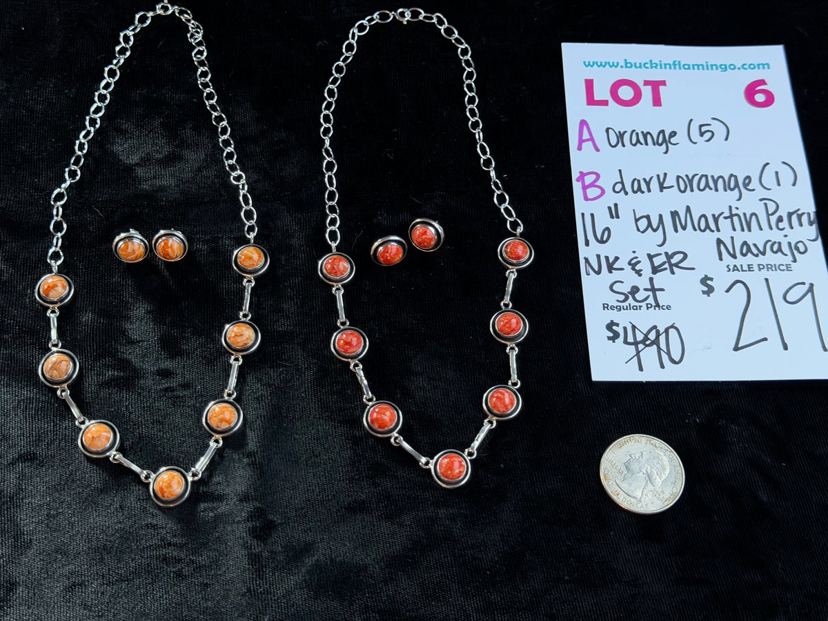 LOT 6 A 9/27 Orange 16” Necklace & Earring Set by Martin Perry, Navajo