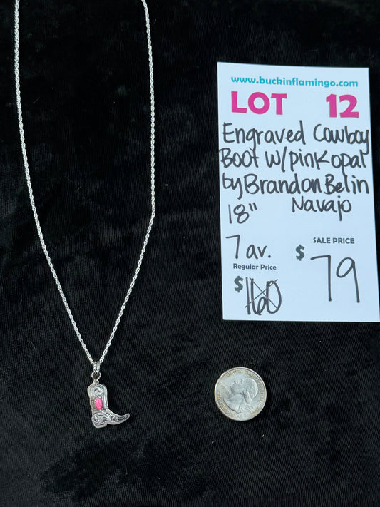 LOT 12 9/27 Engraved Cowboy Boot w/Pink Opal by Brandon Belin, Navajo