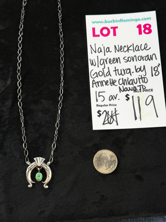 LOT 18 9/27 Naja Necklace w/ Green Sonoran Gold Turquoise by Annette Chiquito, Navajo 18”