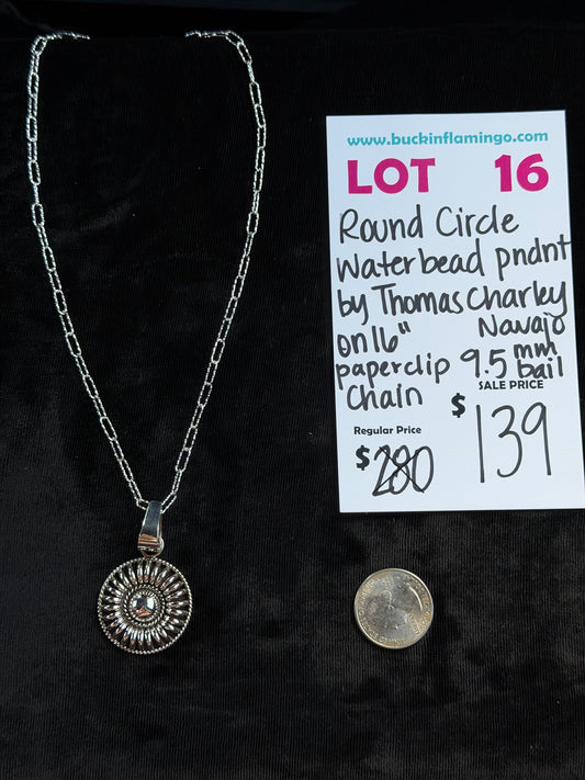 LOT 16 9/27 Round Circle Waterbead Pendant by Thomas Charley, Navajo 9.5mm Bail on 16” Paperclip Chain